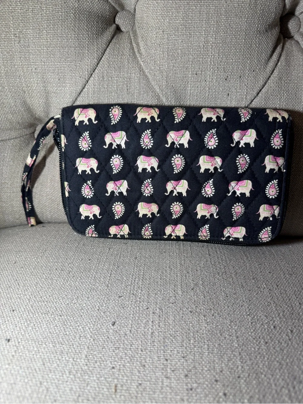 Vera Bradley Black Wallet with Pink Elephant Print Wristlet